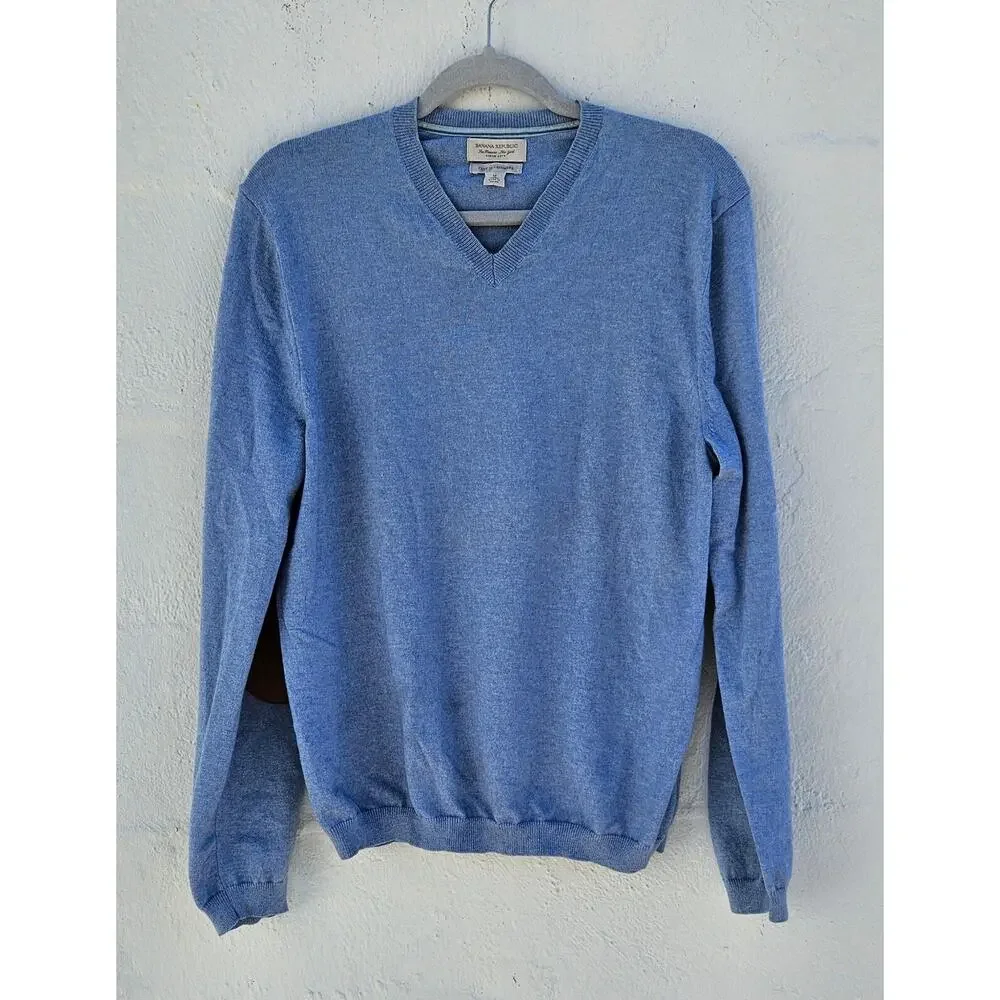 Banana Republic Sweater Mens Medium Baby‎ Blue Cotton Cashmere Suede Elbow Patch